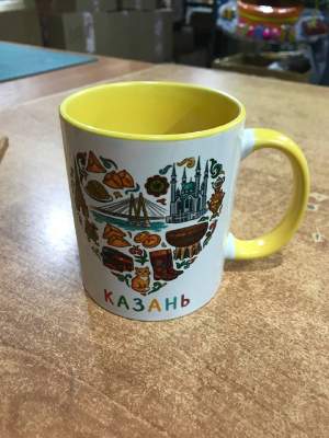 Кружка керамика Казань сердце 330мл желтая внутри и желтая ручка  