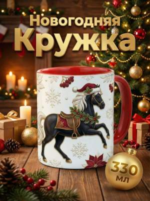 Кружка керамика Конь черный 330мл красная ручка и красная внутри  